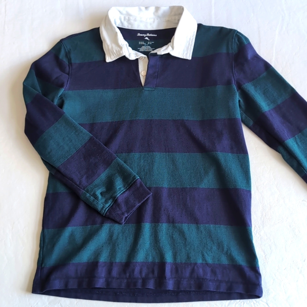 Tommy Bahama Boys Rugby Polo Shirt XL 14 Long Sleeve Striped Cotton Blue & Green